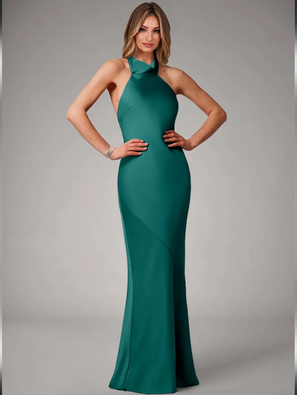 Azazie Velli Peacock Mermaid High Neck Stretch Satin